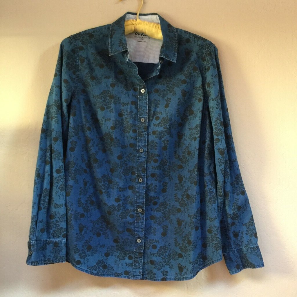 Boden Wa728 Womens Size 8 Floral Denim Relaxed Weekend Shirt Long Sleeve Blue